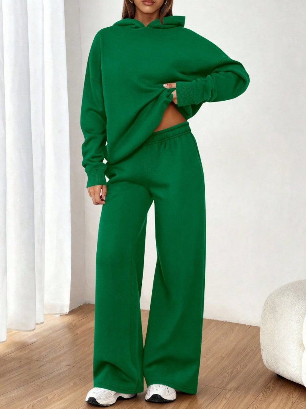 Green Casual Women's Long Sleeve Oversized Loose Wide Leg Sweat Set